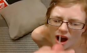 Glasses Wearing Girl Rides Cock Takes Load to Face