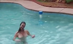 Mature wife swims naked and gets fucked outside by pool